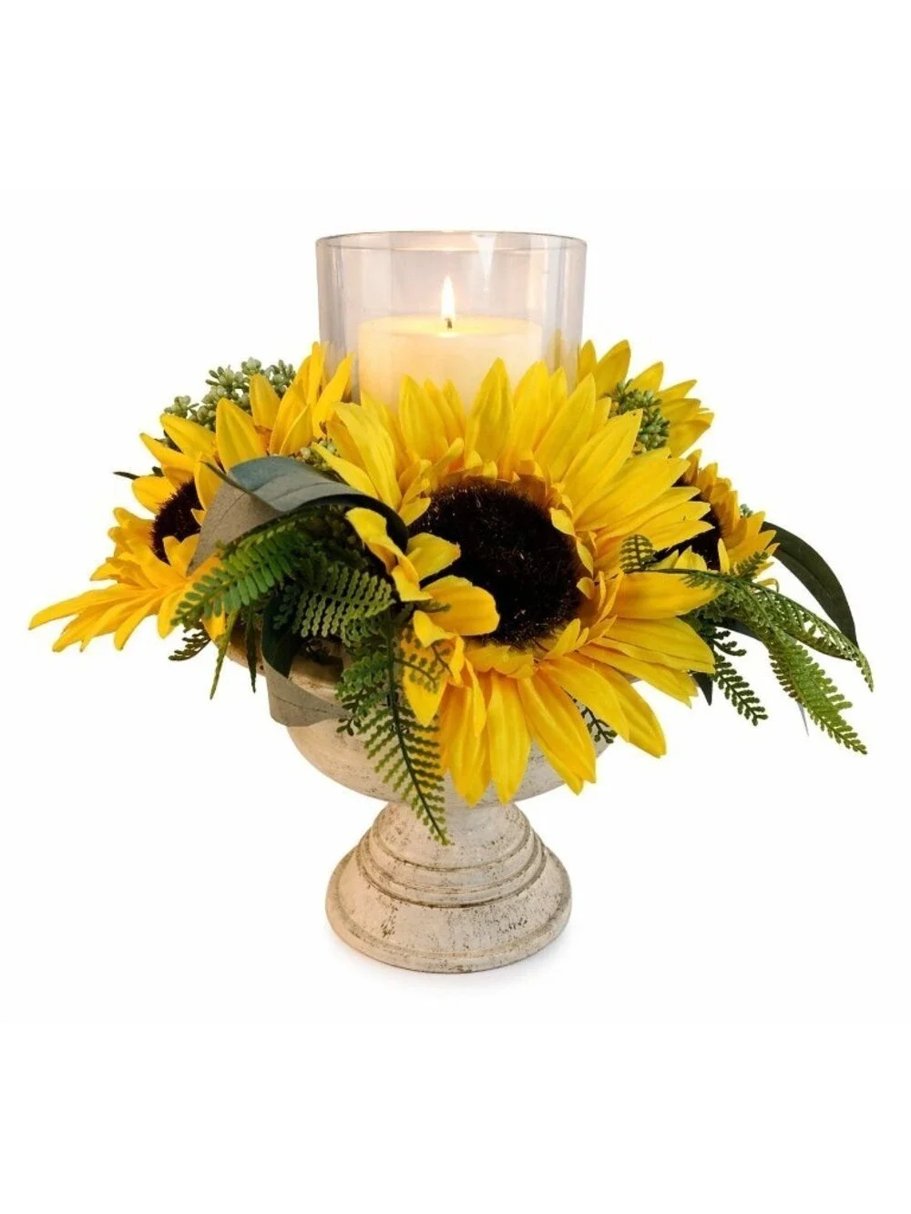 Sunflower Candle Holder Arrangement w/ Glass Hurricane on Distressed Pedestal